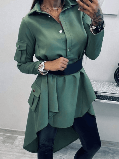 Women Solid Color Lapel Asymmetrical Hem Shirts Dress with Pocket