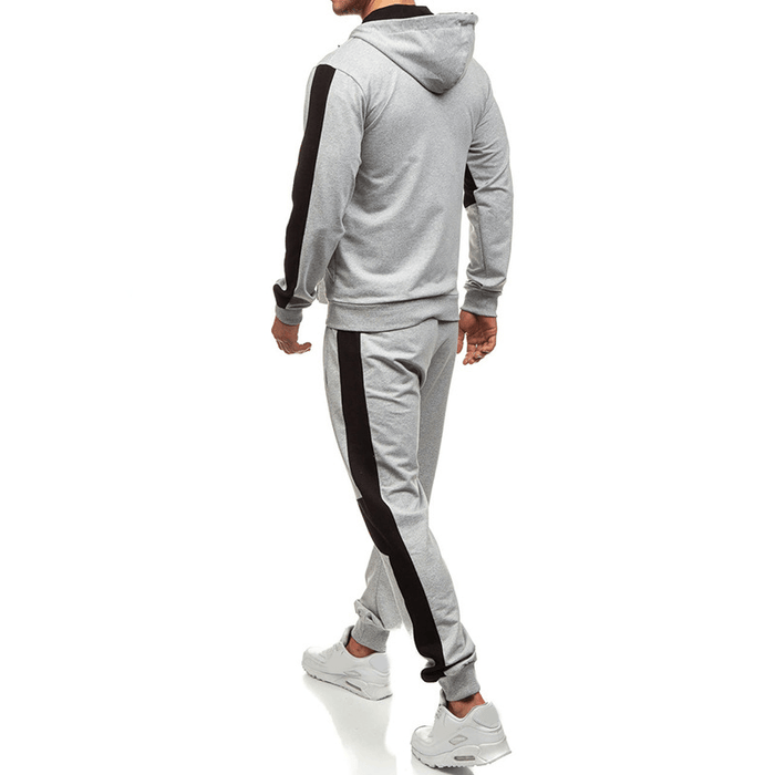 Mens Casual Sport Patchwork Hit Color Running Pants Hooded Fashion Suit