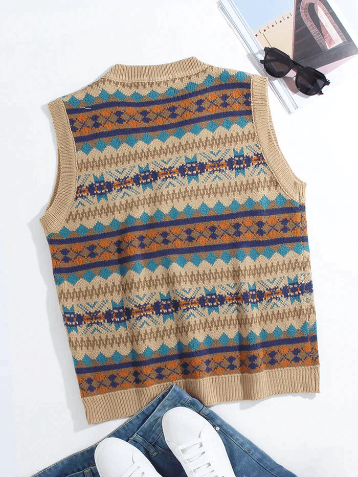 Men's Geometric Graphics Knitted V-Neck Sleeveless Sweater Vests