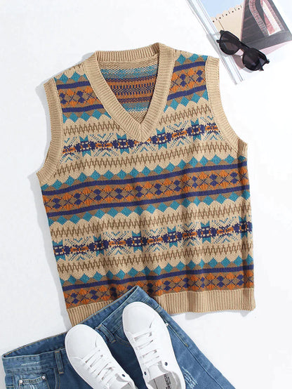 Men's Geometric Graphics Knitted V-Neck Sleeveless Sweater Vests